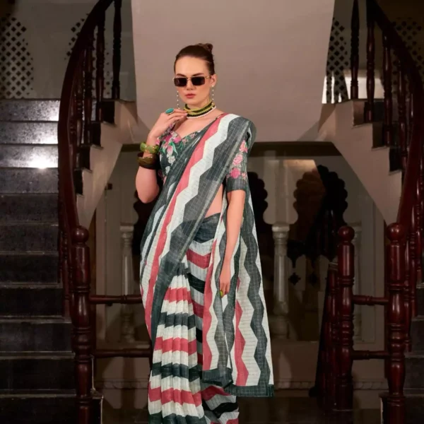 Black, White & Maroon Zig-Zag Saree