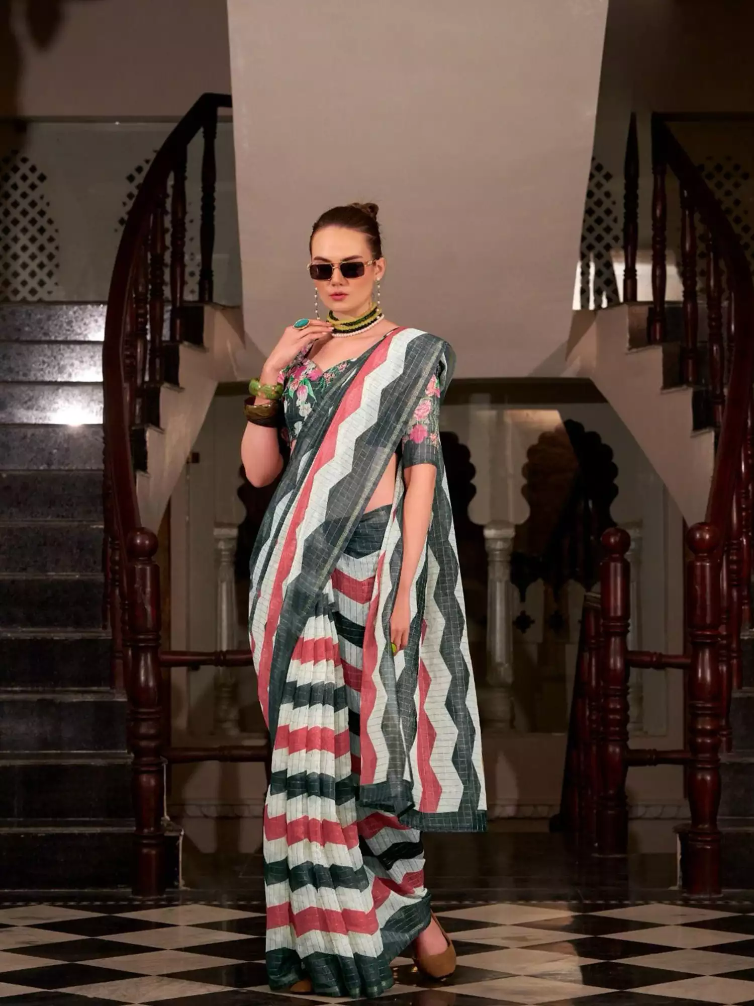 2 Black, White & Maroon Zig-Zag Saree - Image 1