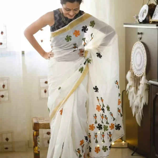White Saree with Warli-Inspired Embroidery