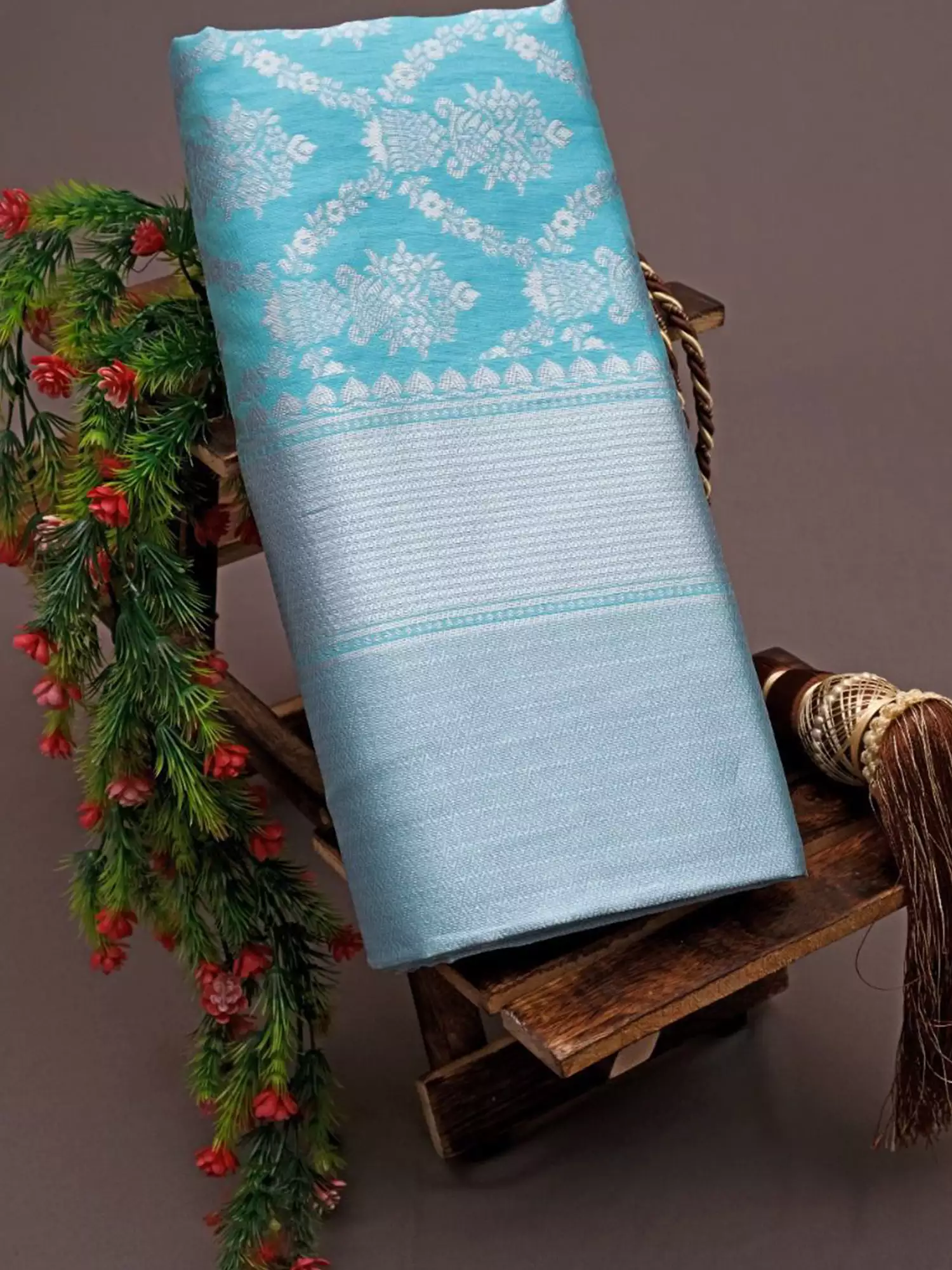 4 Light Blue Banarasi Silk Saree - Image 1