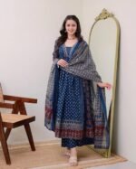 The Fashion Lend Women's Rayon Printed Anarkali Kurta and Pant with Dupatta Set